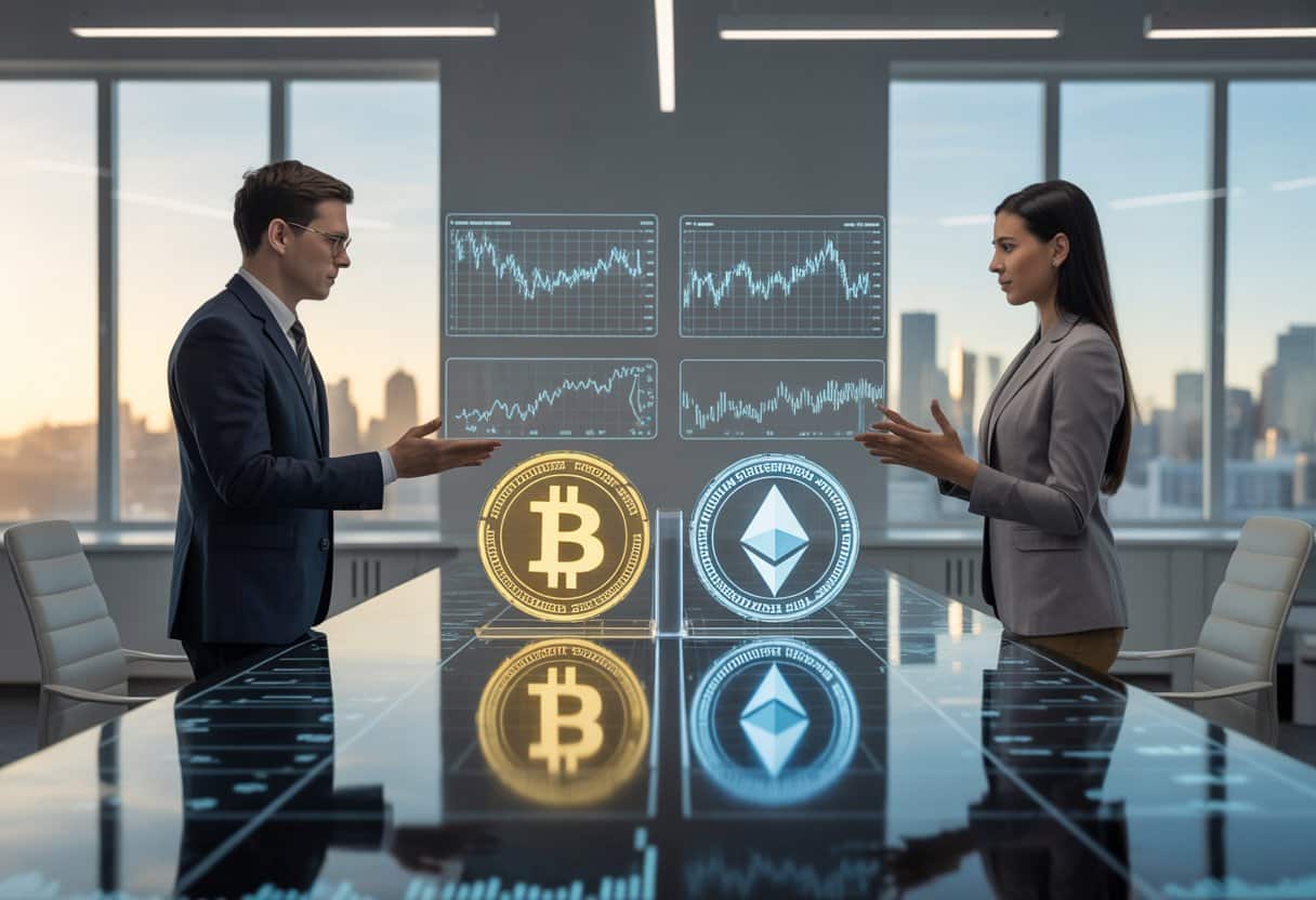 Twee zakelijke professionals staan tegenover elkaar bij een digitale tafel met glanzende cryptovalutasymbolen en grafieken in een modern kantoor met uitzicht op de stad.