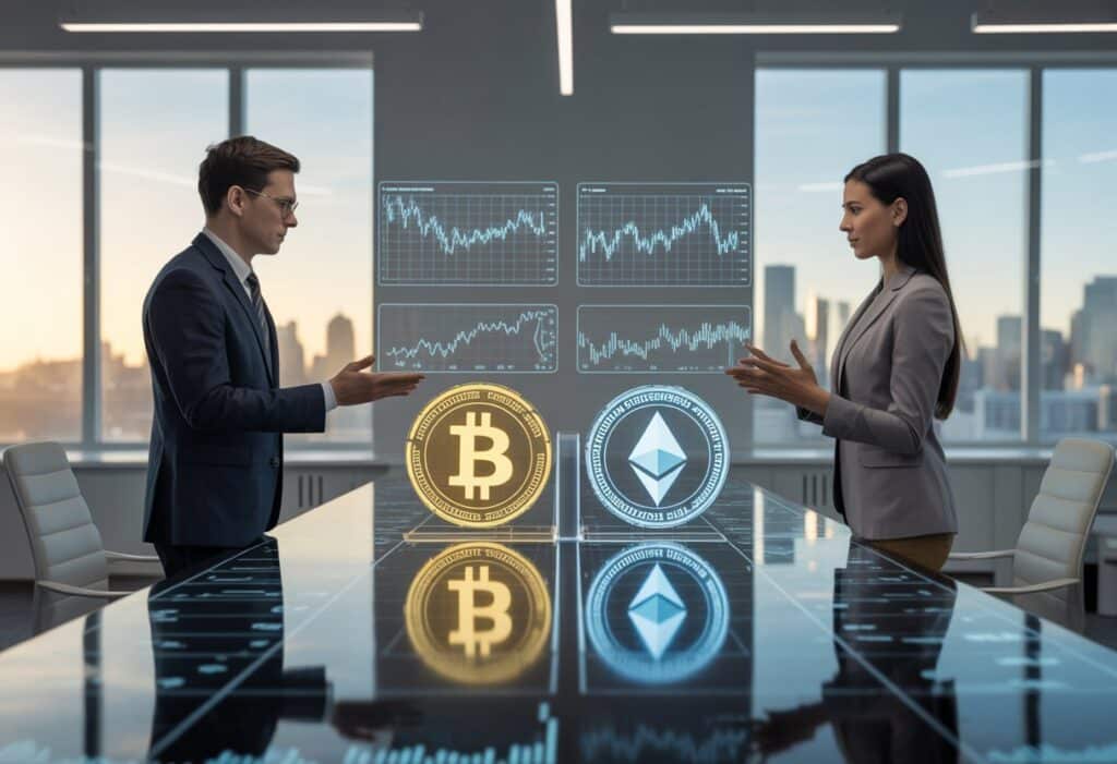 Twee mensen bespreken cryptocurrency trends.
