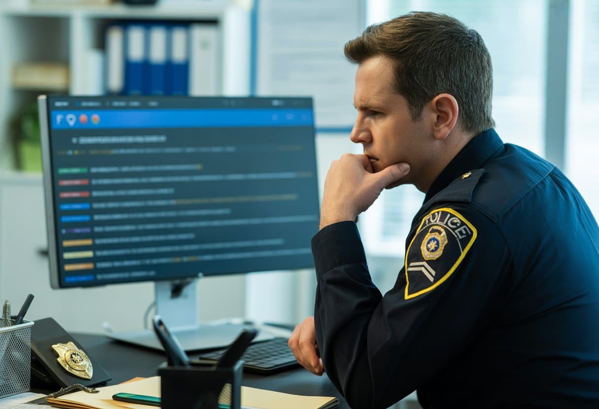 Een politieagent zit aan een bureau en kijkt naar een computerscherm met zoekgeschiedenis.