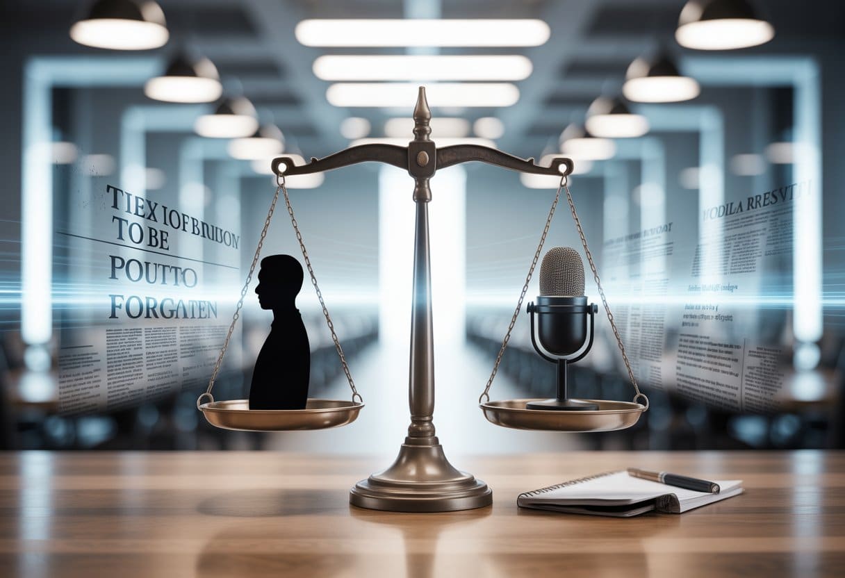 Recht op vergetelheid vs. publieke nieuwsgierigheid: privacy en persvrijheid in balans 1 Een balans met aan de ene kant een wazige persoon en aan de andere kant een microfoon en notitieboekje, in een moderne nieuwsomgeving.