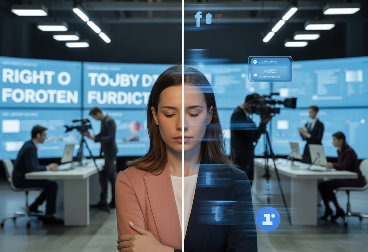 Recht op vergetelheid vs. publieke nieuwsgierigheid: privacy en persvrijheid in balans 2 Een persoon kijkt nadenkend terwijl journalisten in een moderne nieuwsredactie op de achtergrond werken, wat de spanning tussen privacy en persvrijheid uitbeeldt.