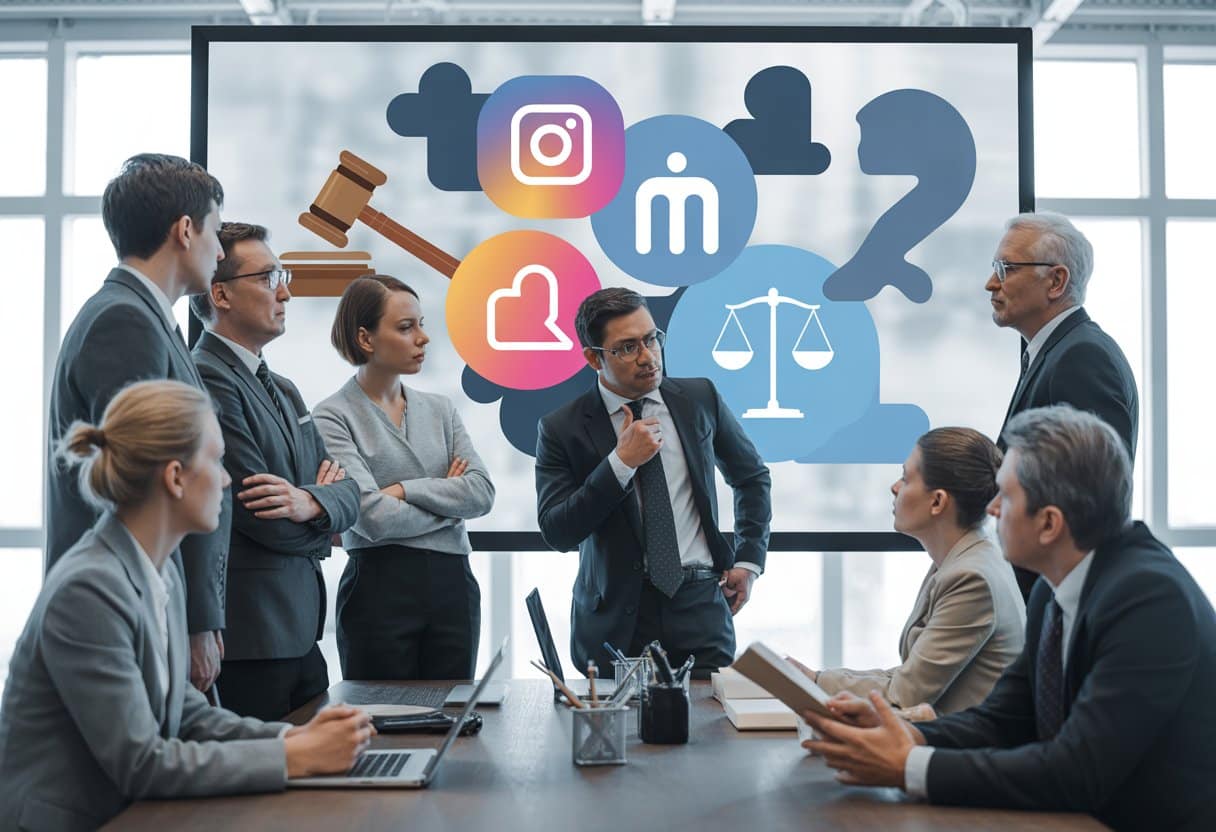 Een groep professionals bespreekt sociale media en juridische kwesties in een moderne kantooromgeving.