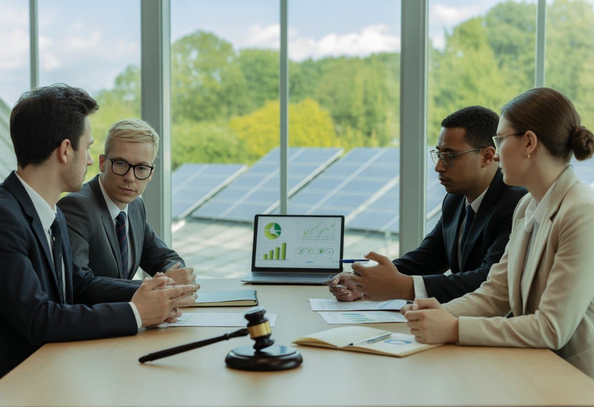 Een groep professionals bespreekt documenten en een laptop met milieugerelateerde grafieken in een kantoor met uitzicht op groene bomen en zonnepanelen.