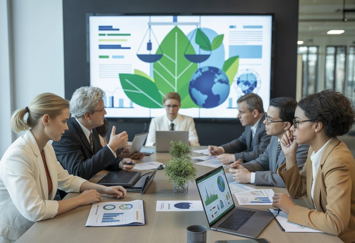 Een groep professionals bespreekt documenten en digitale schermen over duurzaamheid en regelgeving in een moderne vergaderruimte.