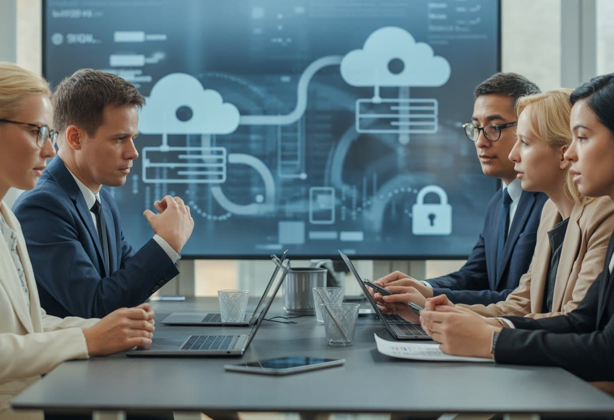 Een groep zakelijke professionals bespreekt contracten rond een tafel met laptops en digitale datavisualisaties op een scherm op de achtergrond.
