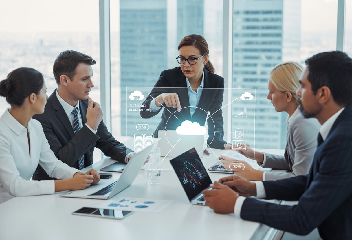 Een groep zakelijke professionals bespreekt data en contracten in een modern kantoor met laptops en digitale schermen.