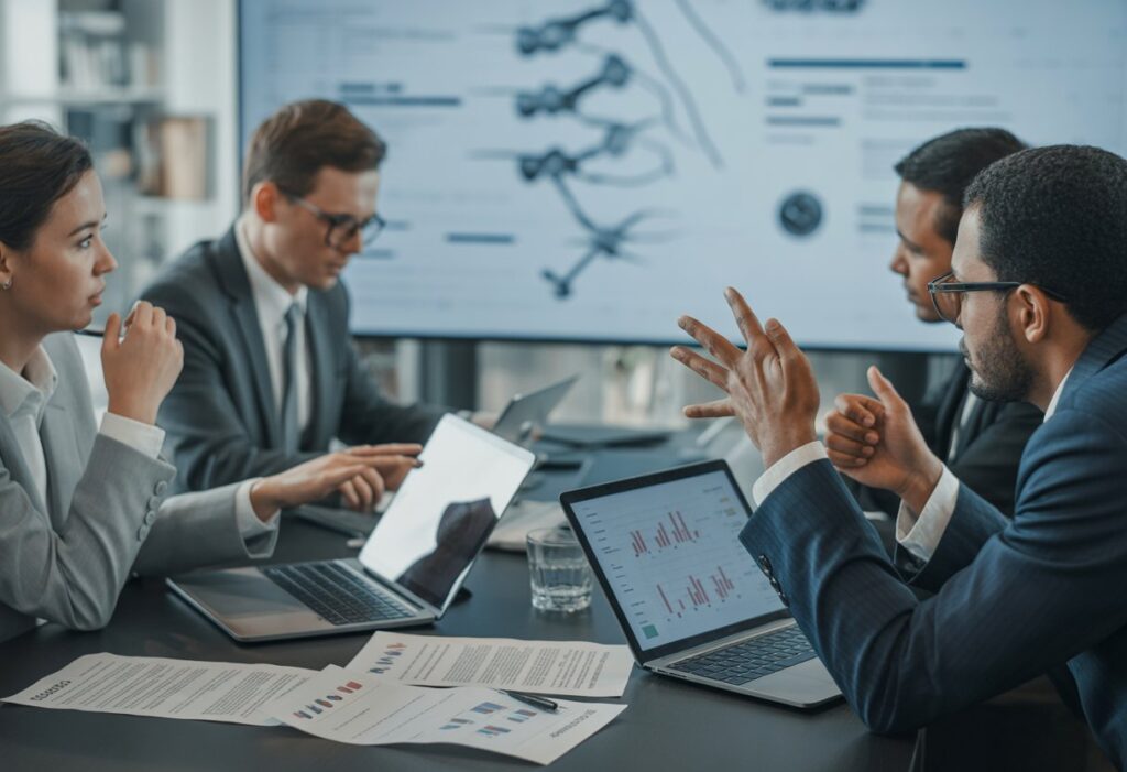 Zakelijke vergadering met laptops en documenten.
