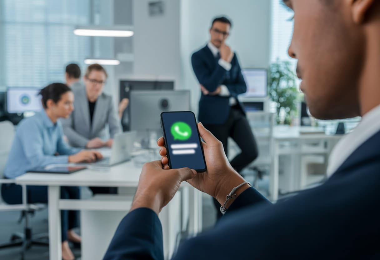 Een kantoor met werknemers, waarbij een persoon een smartphone vasthoudt en een manager op de achtergrond mee kijkt.