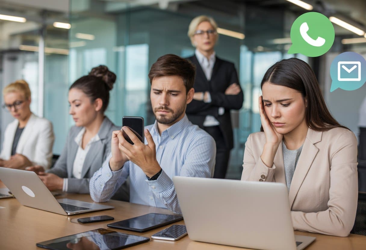 Een kantoorscène met werknemers die aan hun bureau werken en een manager die hen observeert, waarbij de nadruk ligt op privacy en digitale communicatie.
