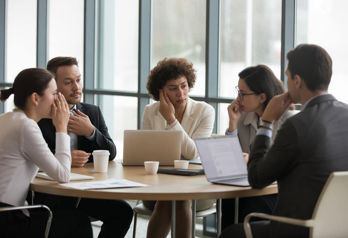 Een groep werknemers en een werkgever in een kantoor die serieus over werkstress en verantwoordelijkheid praten.