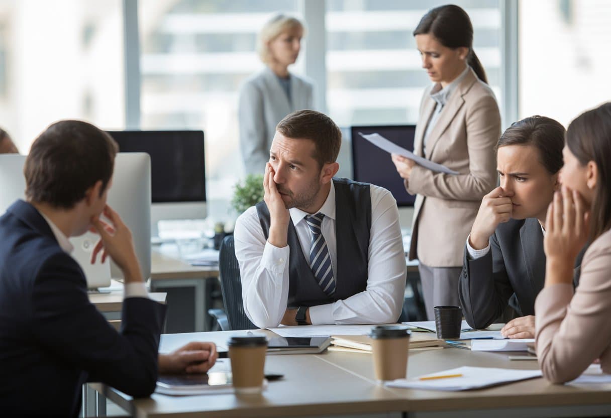 Een groep werknemers en een manager in een kantoor die serieus over werkstress en verantwoordelijkheden praten.