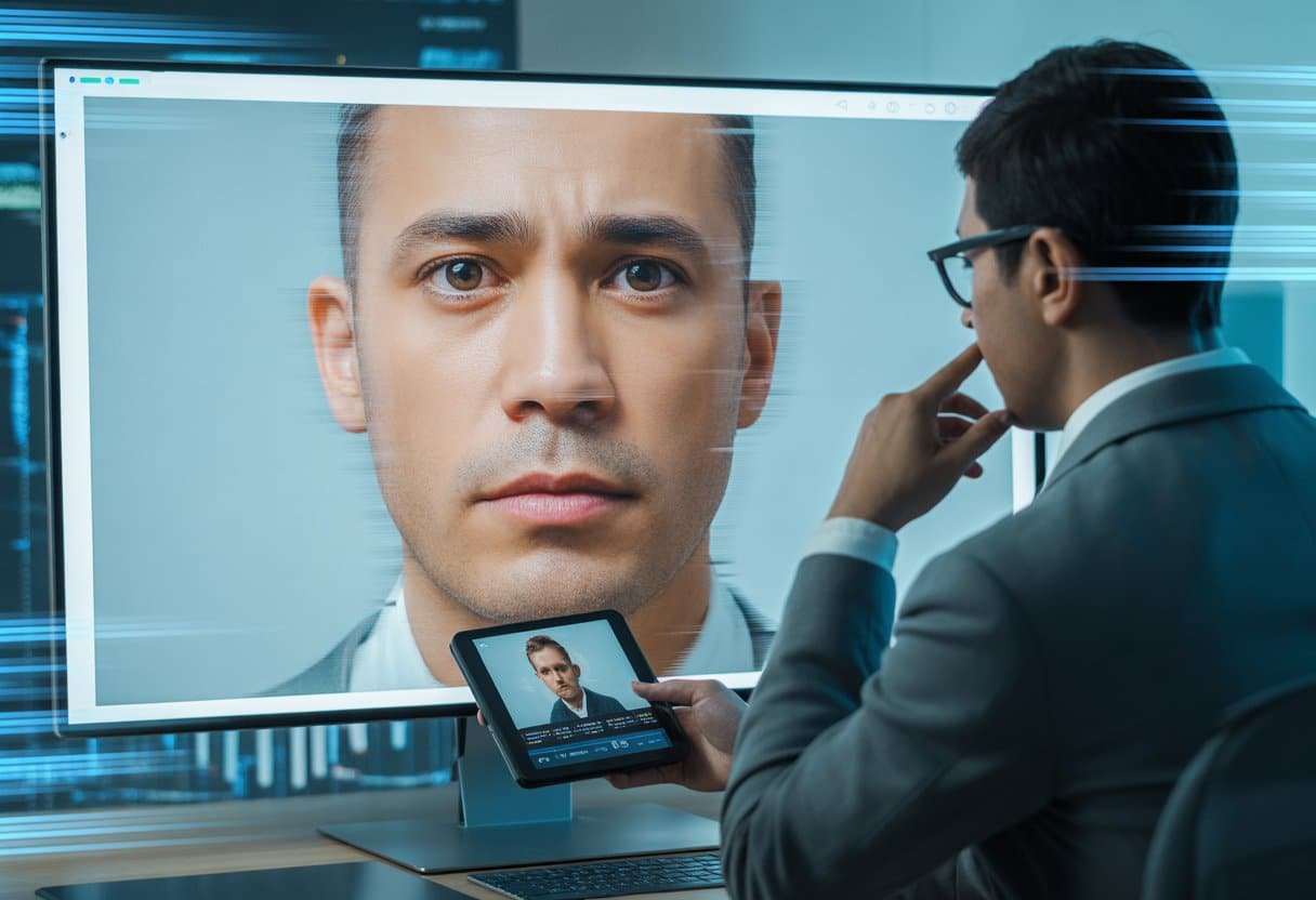 Een persoon kijkt aandachtig naar een computerscherm met een gemanipuleerd gezicht, omgeven door digitale elementen die technologie en videoanalyse uitbeelden.
