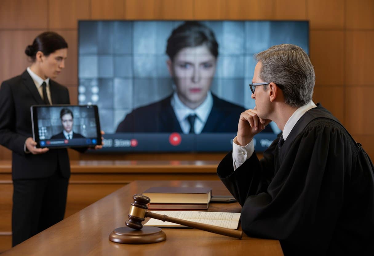 Een rechter in een rechtszaal kijkt naar een scherm met een wazige video terwijl een advocaat een tablet vasthoudt met een gepauzeerde video.