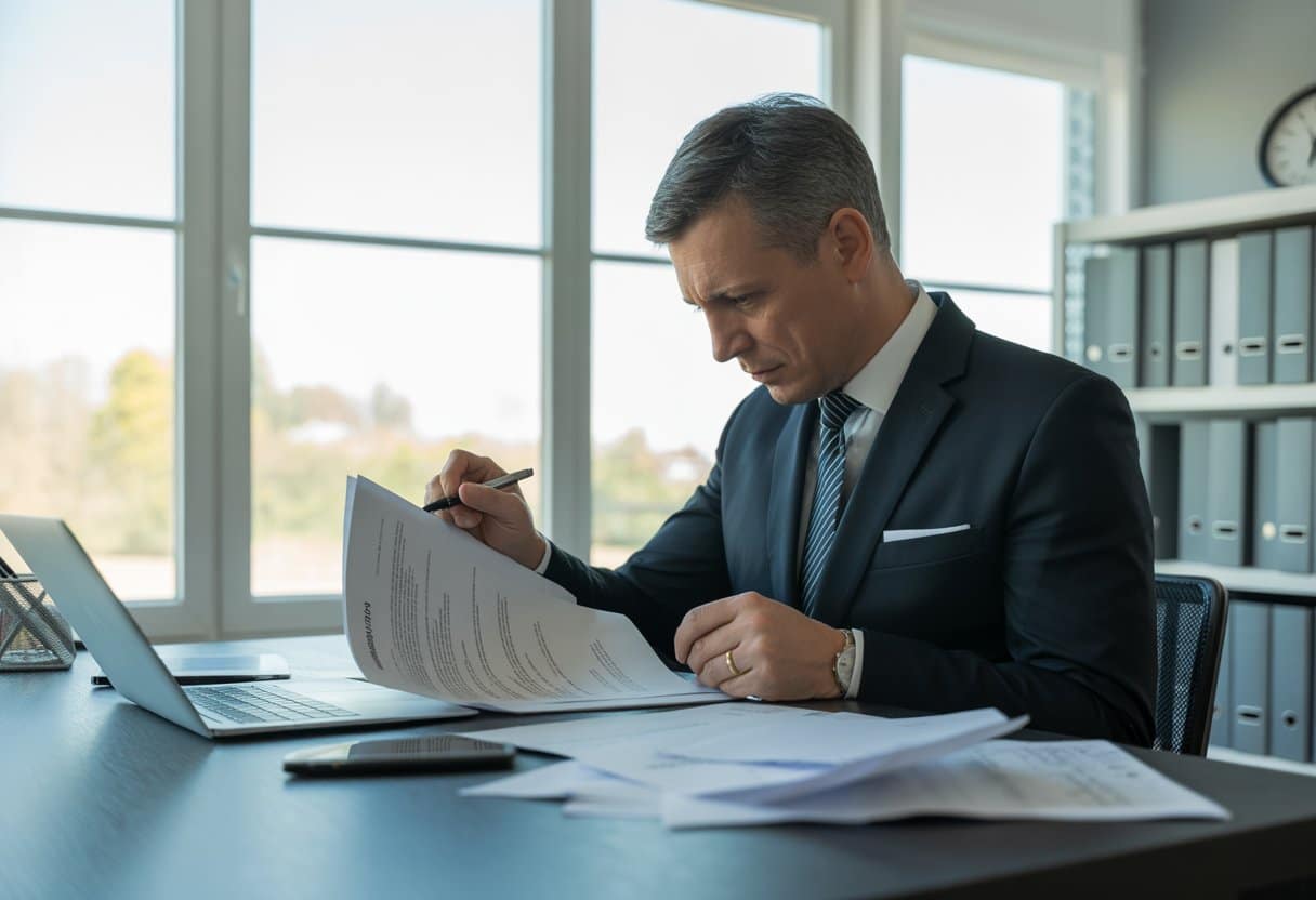 Een man in een kantoor bekijkt aandachtig een contract en verzamelt bewijs op zijn bureau.