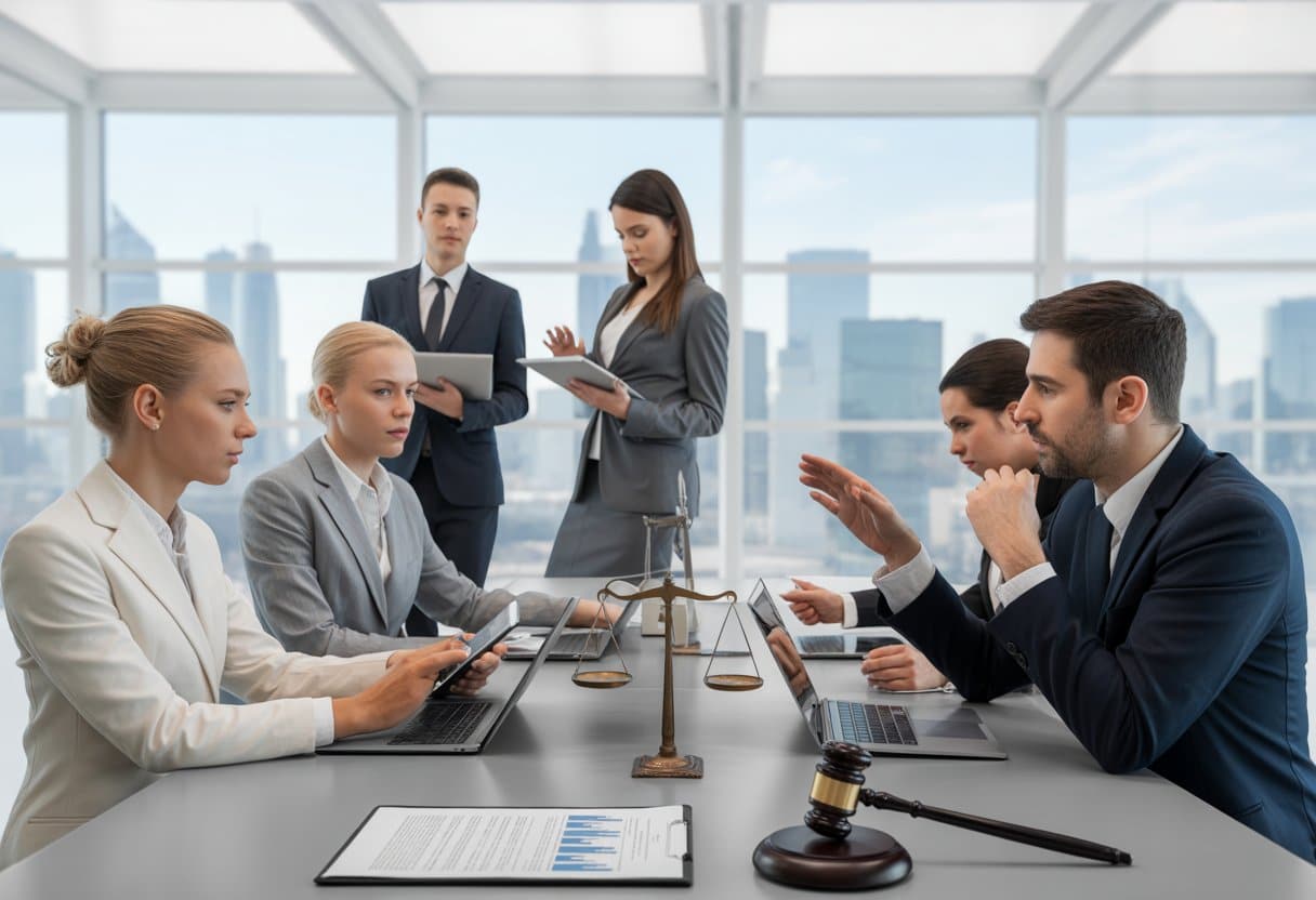 Een groep zakelijke professionals bespreekt documenten in een modern kantoor met uitzicht op een futuristische stad.