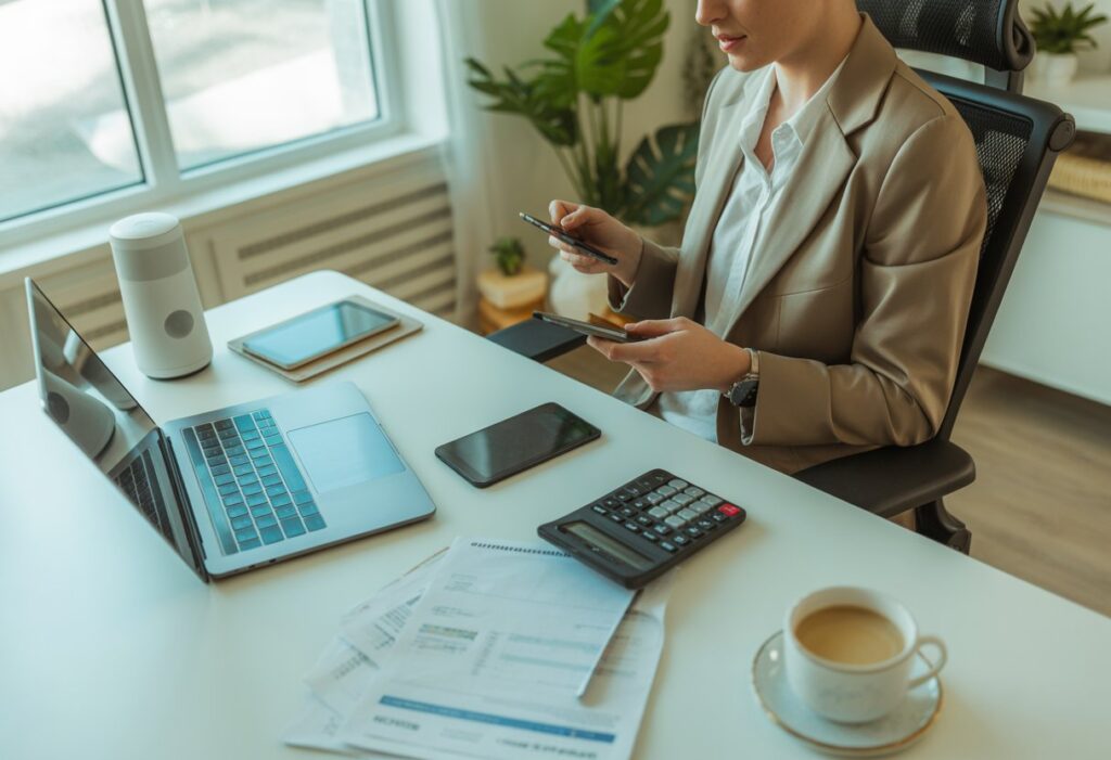 Vrouw werkt aan bureau met apparaten.