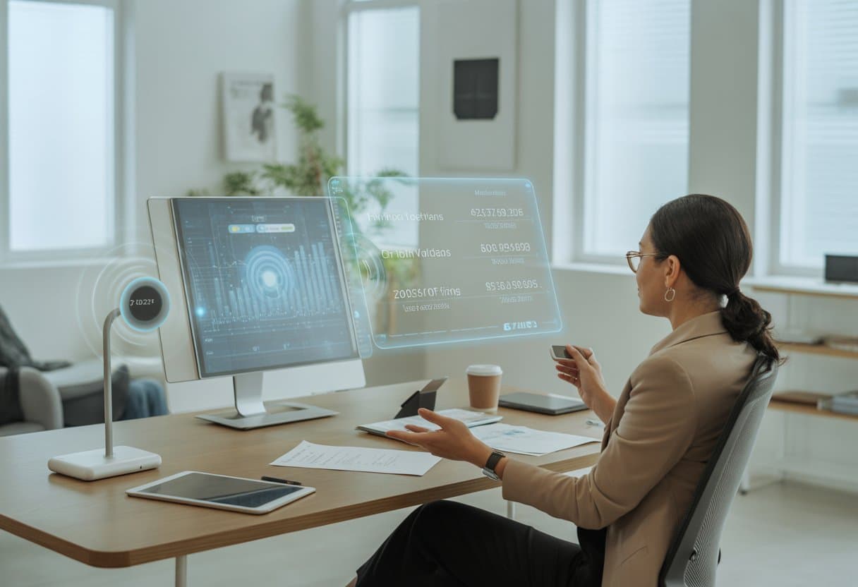 Een persoon werkt thuis in een moderne thuiskantooromgeving met geavanceerde technologie en een digitale infographic op de achtergrond over kosten van thuiswerken.