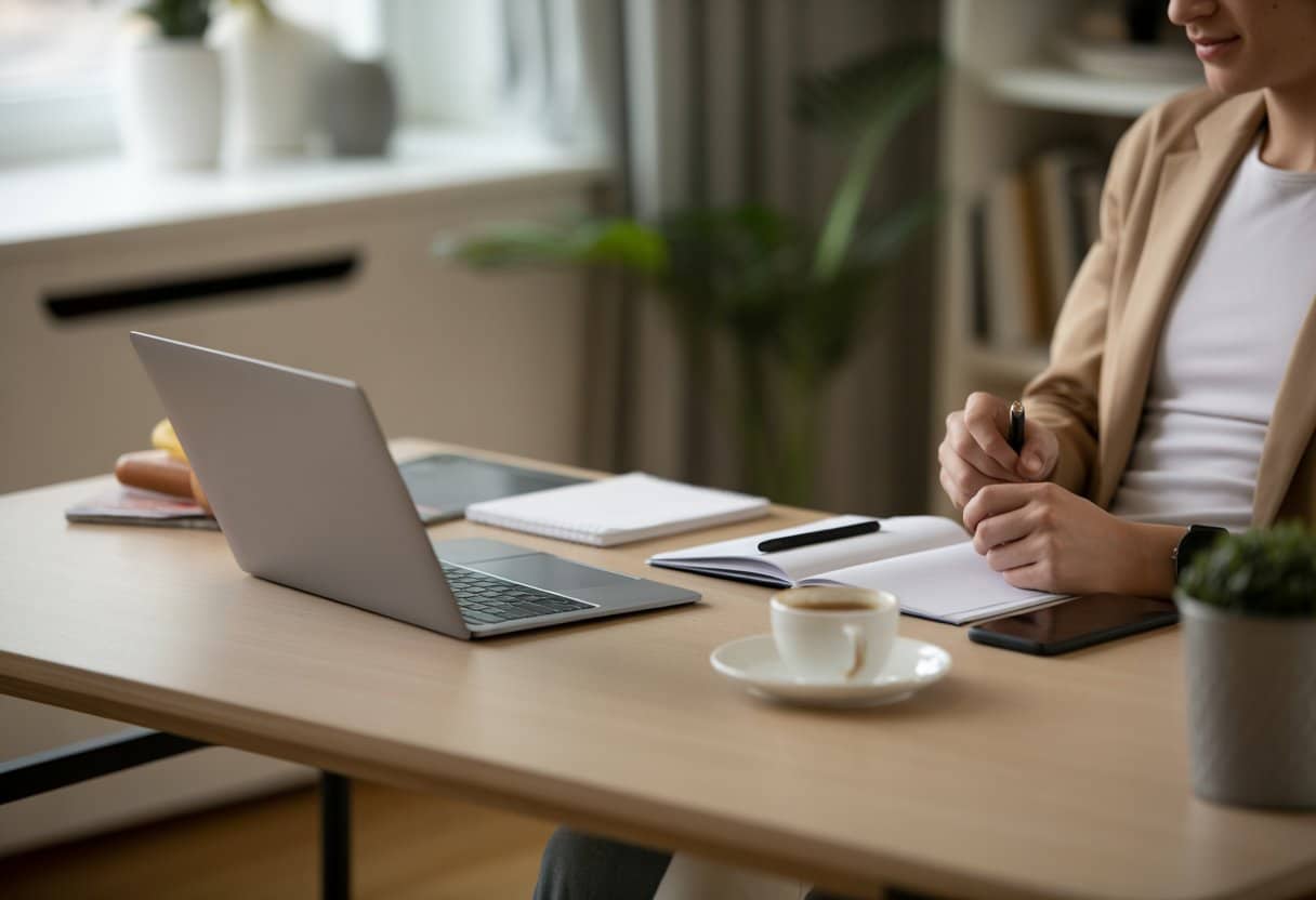Een persoon werkt thuis aan een laptop in een nette, goed verlichte thuiskantooromgeving met een bureau, koffie en planten.