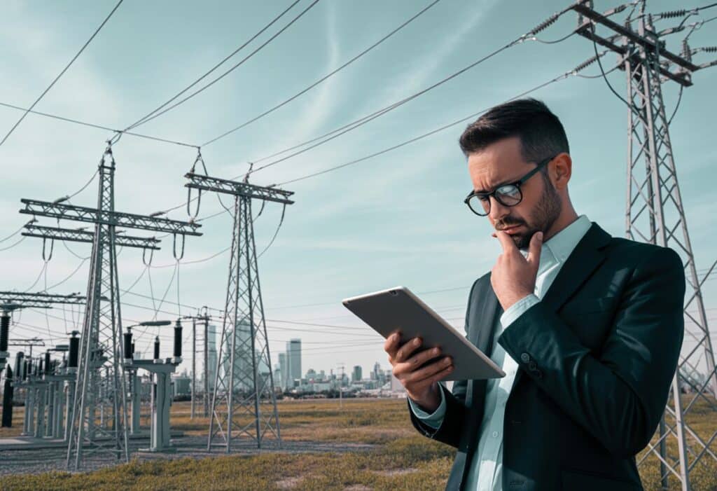 Man met tablet bij elektriciteitsmasten.