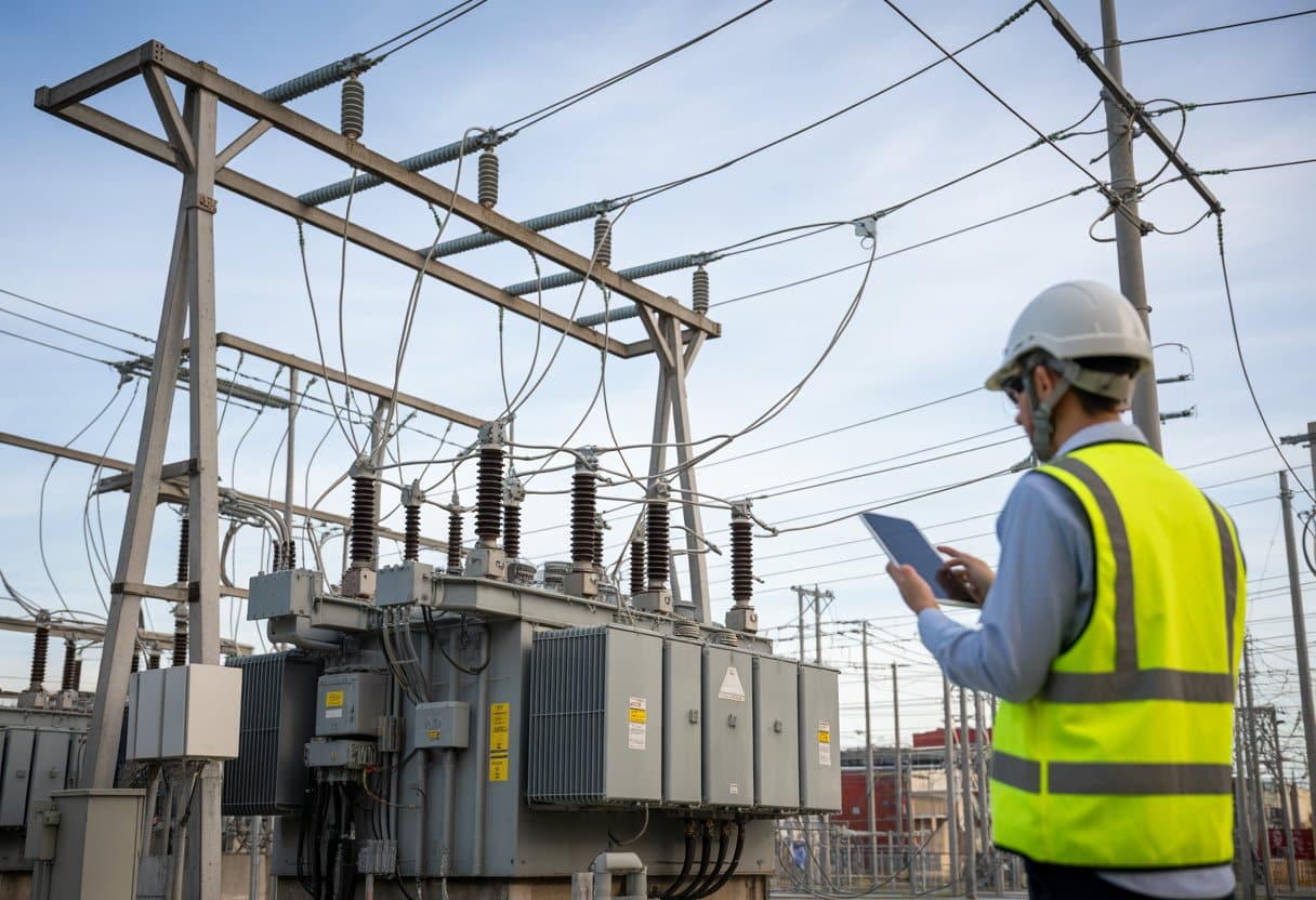 Een netbeheerder inspecteert een elektriciteitsstation met hoogspanningslijnen en apparatuur.