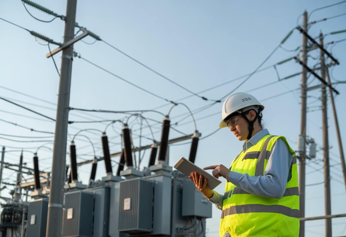 Een netbeheerder bekijkt een tablet bij hoogspanningslijnen en transformatoren in een stedelijke omgeving met zichtbare elektrische infrastructuur.
