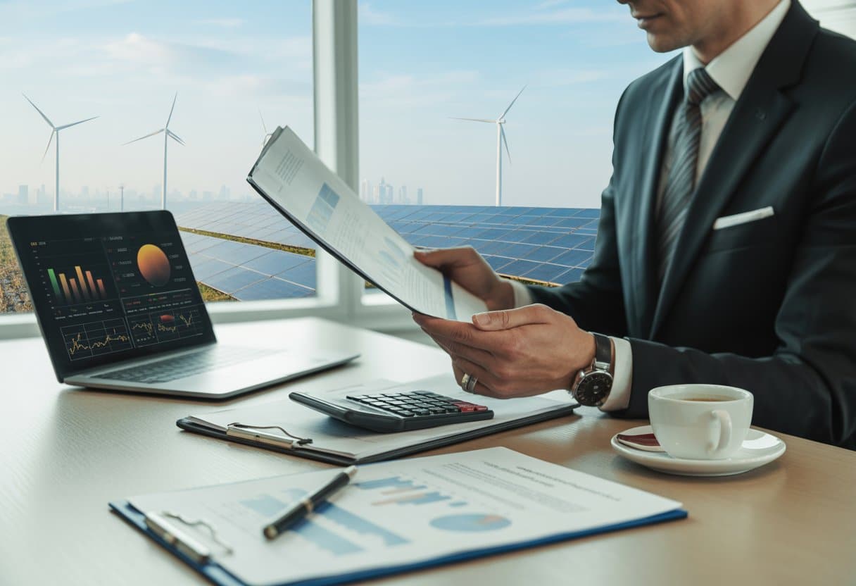 Een zakelijk persoon bekijkt energiecontracten en juridische documenten aan een bureau met op de achtergrond een stadsgezicht met zonnepanelen en windmolens.