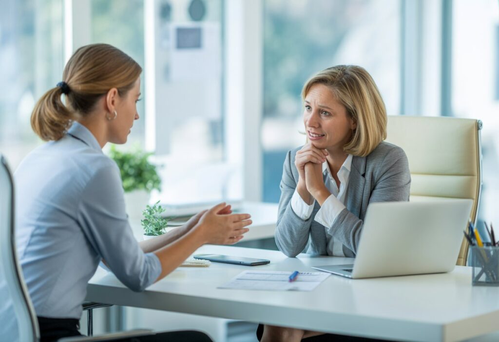 Twee vrouwen in een kantoor gesprek.