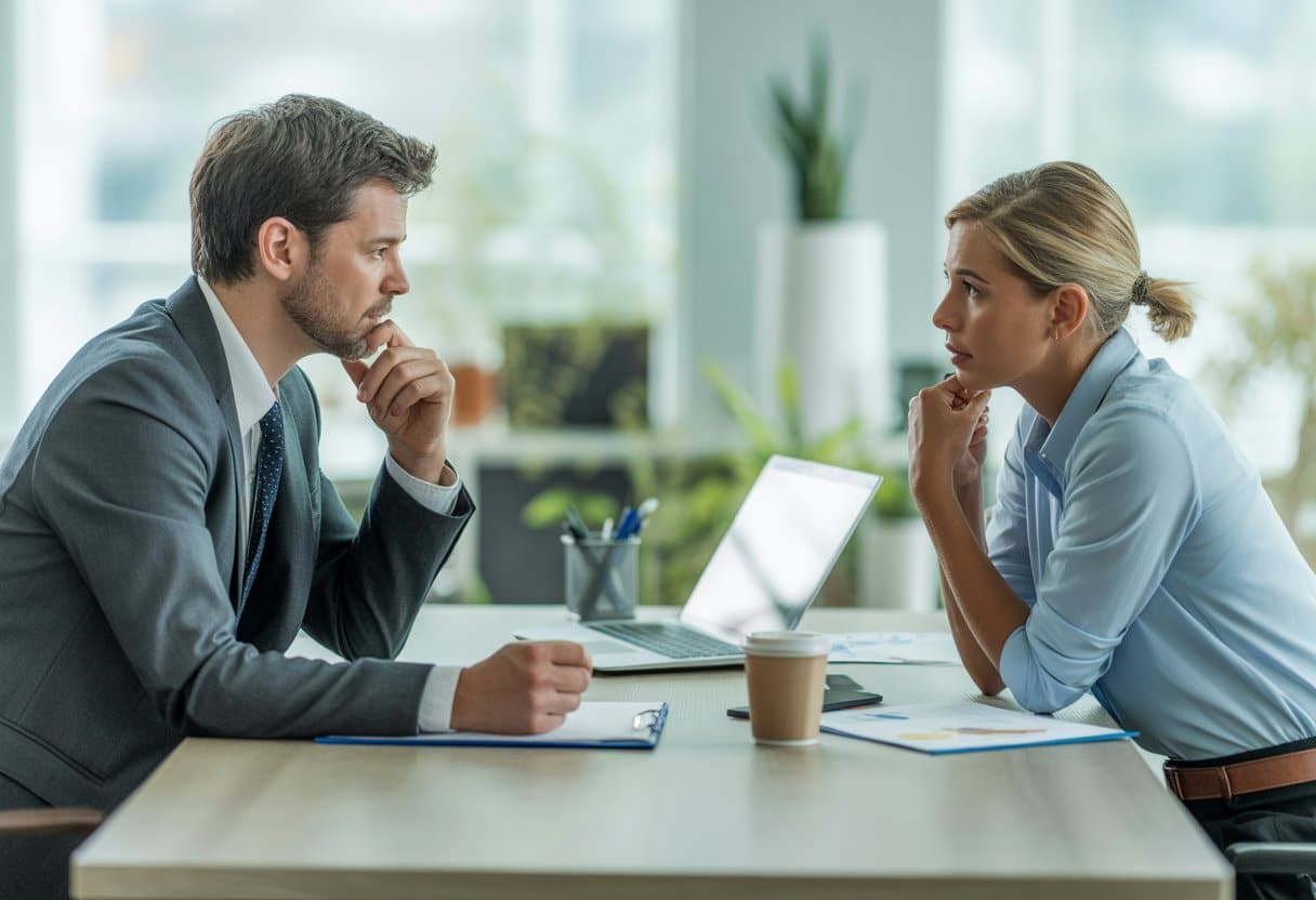 Een werkgever en een zieke werknemer zitten tegenover elkaar aan een tafel in een kantoor, in gesprek over re-integratie.