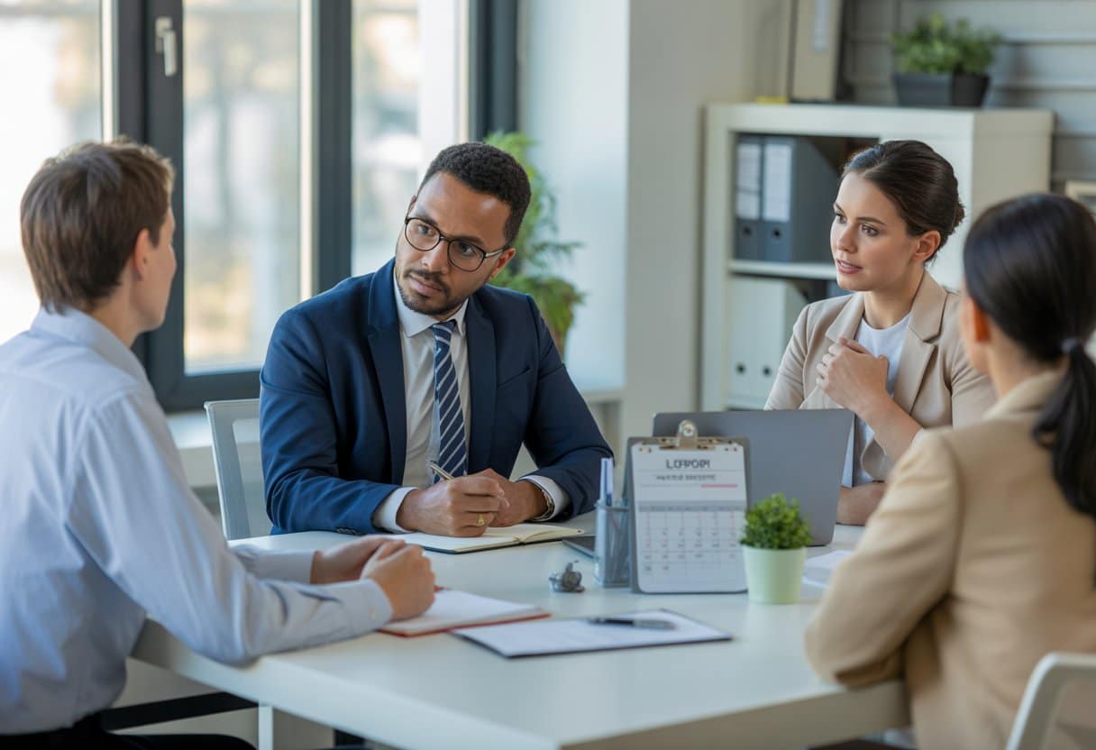 Een formele kantoorvergadering tussen een HR-manager en een werknemer die terugkeert na ziekte, waarbij ze samen documenten doornemen aan een bureau in een moderne kantoorruimte.