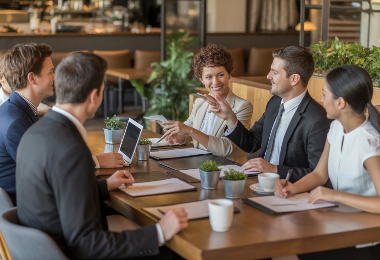 Een groep professionals bespreekt juridische aandachtspunten in een moderne restaurantomgeving.