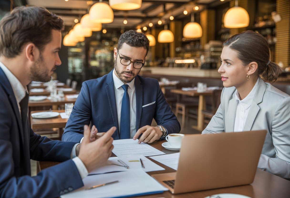 Drie professionals bespreken documenten aan een tafel in een modern restaurant.