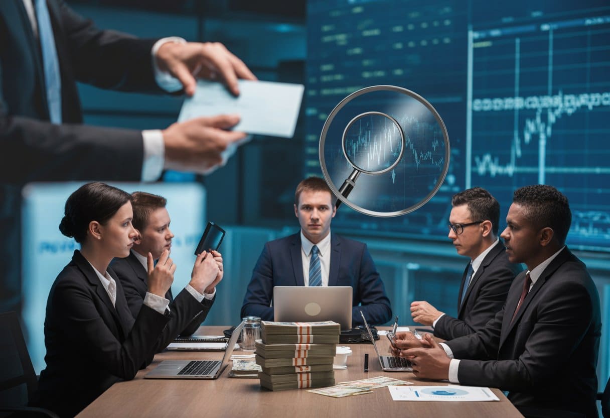 Financiële criminaliteit en witwaszaken: Begrip, aanpak en toezicht 1 Een groep zakelijke professionals bespreekt financiële gegevens in een moderne kantooromgeving met documenten en laptops op tafel.