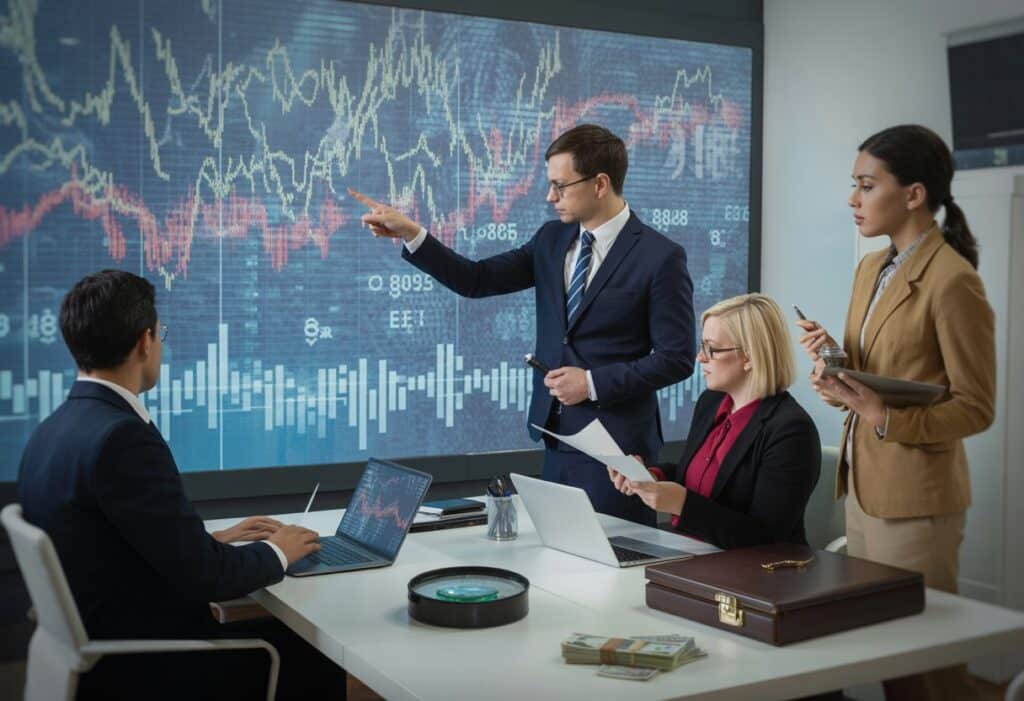 Vergadering over financiële gegevens en analyses.