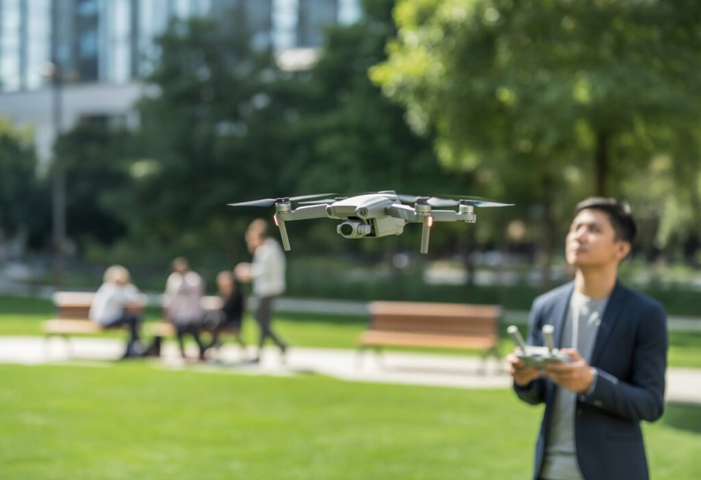 Drone vliegt boven parkachtige omgeving.