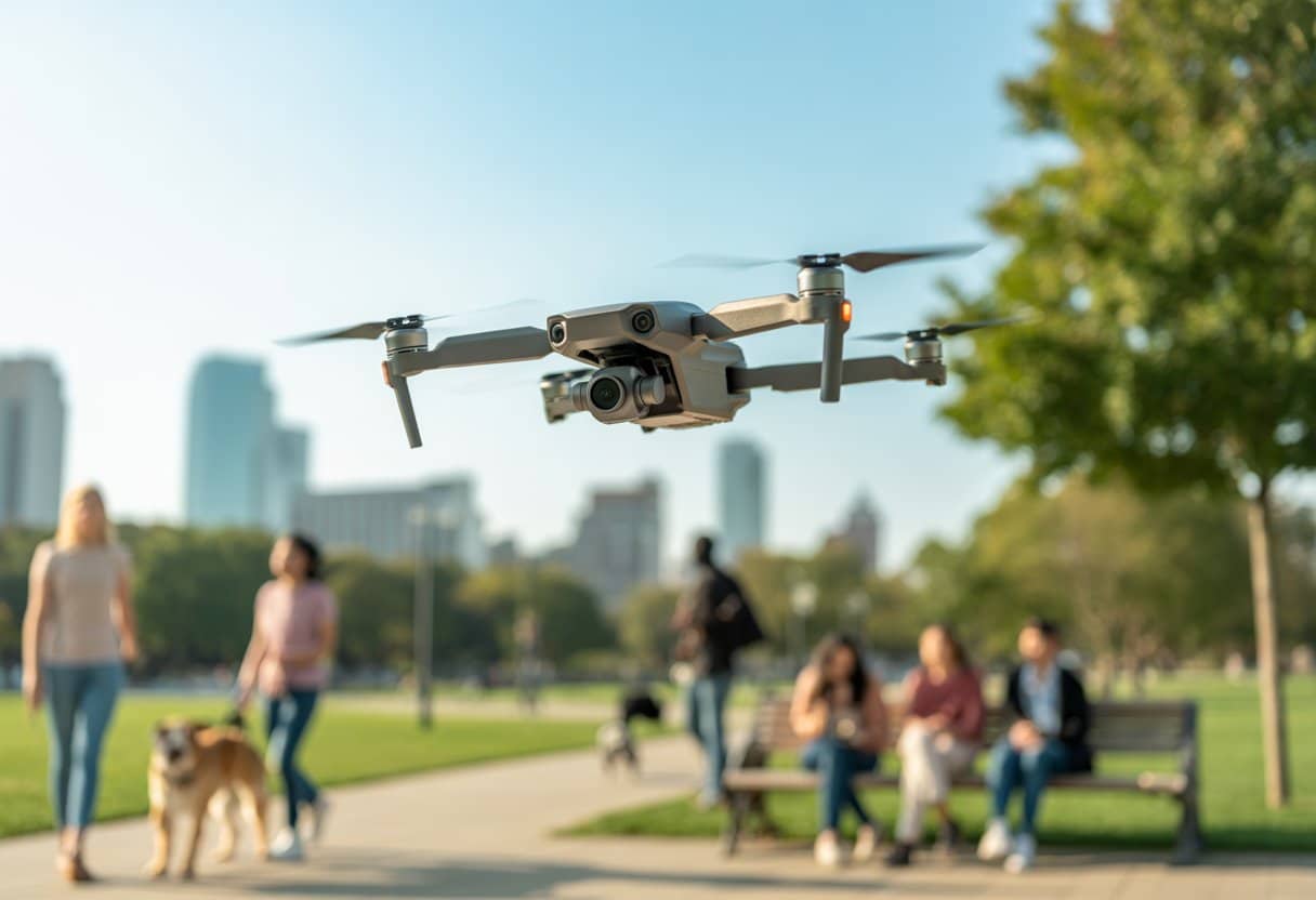 Een drone vliegt boven een stadspark met mensen die op afstand wandelen en zitten.