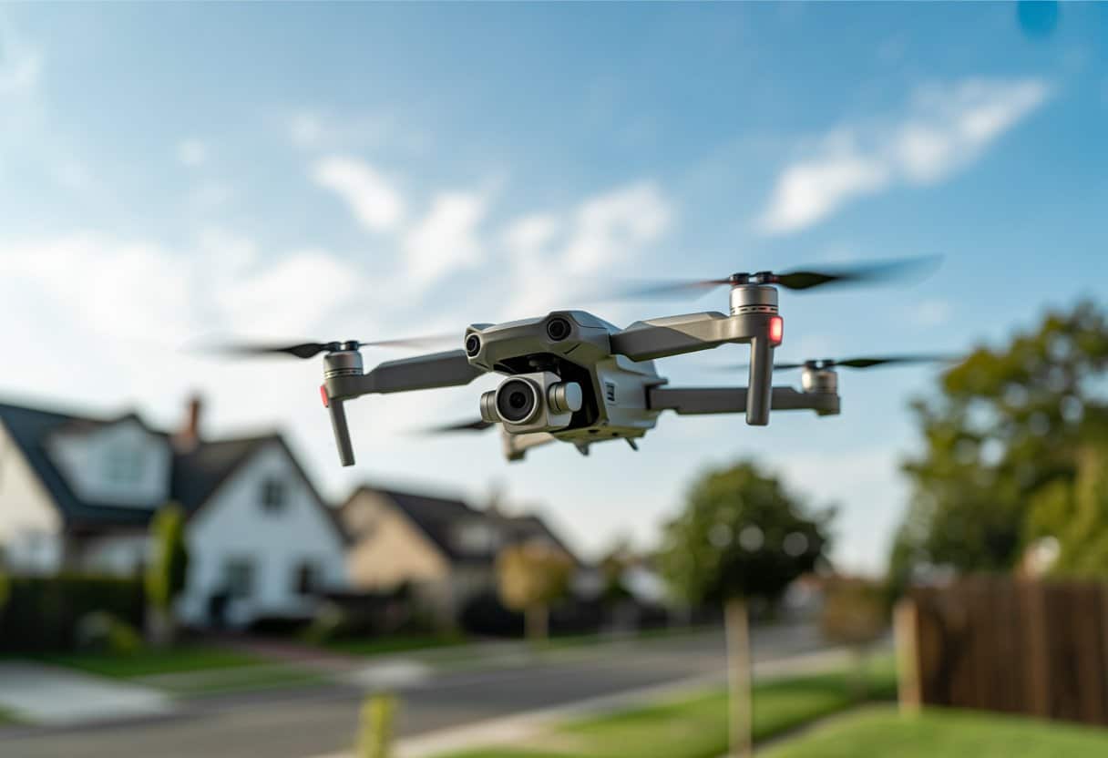 Een drone met camera vliegt boven een woonwijk met huizen en groen.