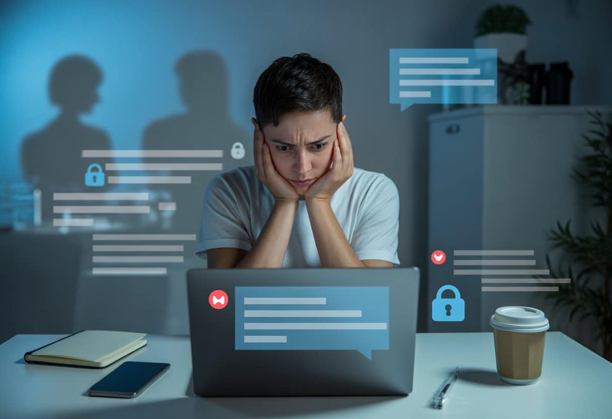 Sextortion en online afpersing – wat zegt de wet? Uitleg & Advies 1 Een jonge volwassene zit bezorgd achter een laptop in een schemerige kamer, met digitale symbolen die online bedreigingen suggereren.
