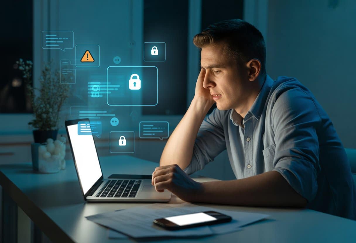 Sextortion en online afpersing – wat zegt de wet? Uitleg & Advies 2 Een bezorgde man zit achter een laptop in een donkere kamer met een smartphone en papieren op tafel, omringd door digitale waarschuwingssymbolen.