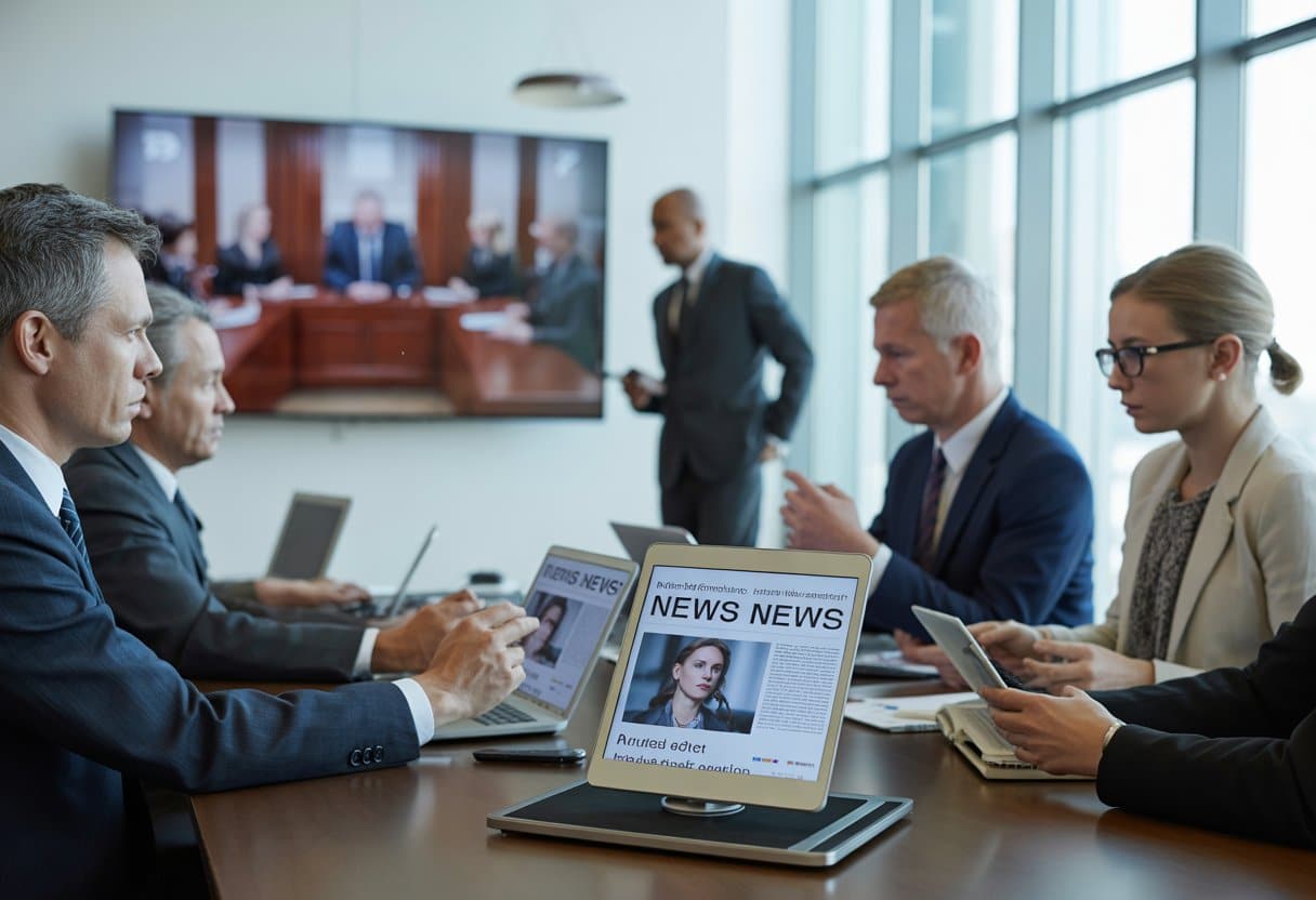 Een groep professionals bespreekt serieus nieuws en juridische kwesties in een moderne kantooromgeving.