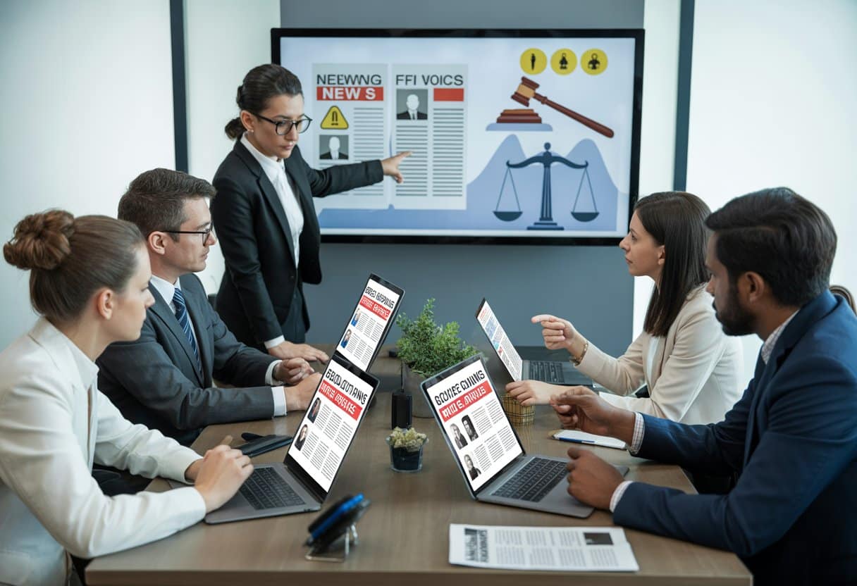 Een groep professionals bespreekt nepnieuws en juridische gevolgen in een kantooromgeving met laptops en een scherm met juridische symbolen.