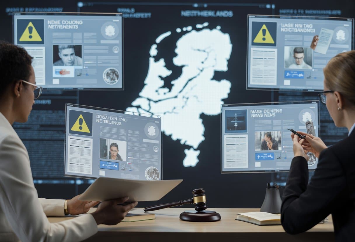 Een groep mensen in een kantoor bekijkt digitale schermen met nieuws en een kaart van Nederland, met symbolen die verspreiding van nepnieuws en juridische elementen tonen.