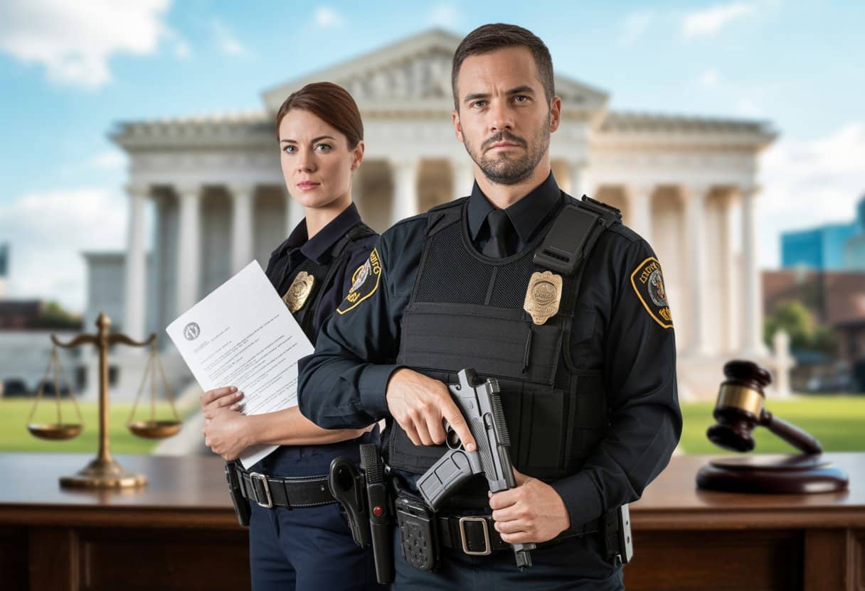 Twee politieagenten voor een rechtbankgebouw, een met een pistool in een holster en de ander met een dossier in de hand.