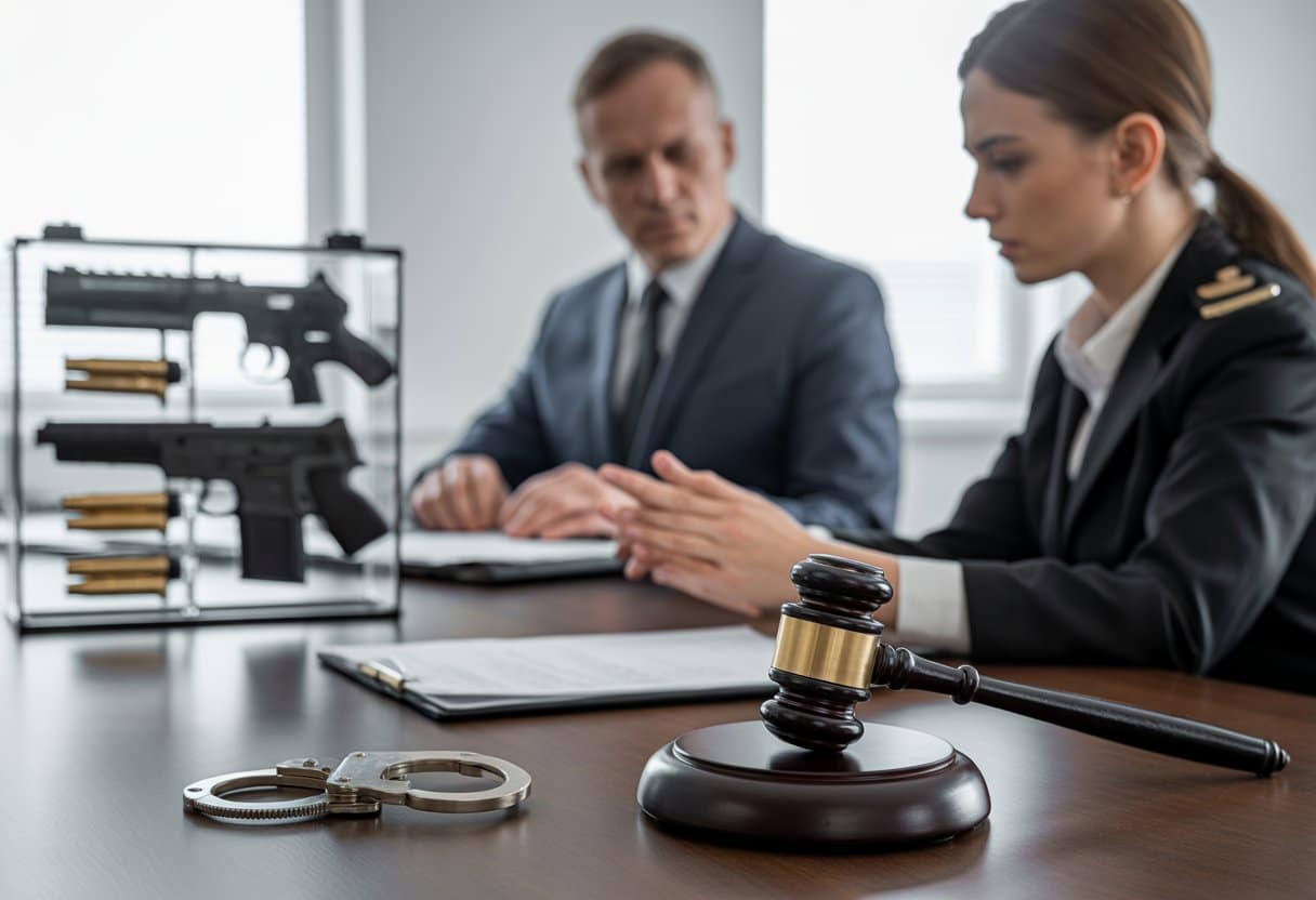 Een rechtbank of kantoor met een hamer, handboeien, documenten en een afgesloten vitrinekast met wapens en munitie, terwijl twee professionals overleggen.