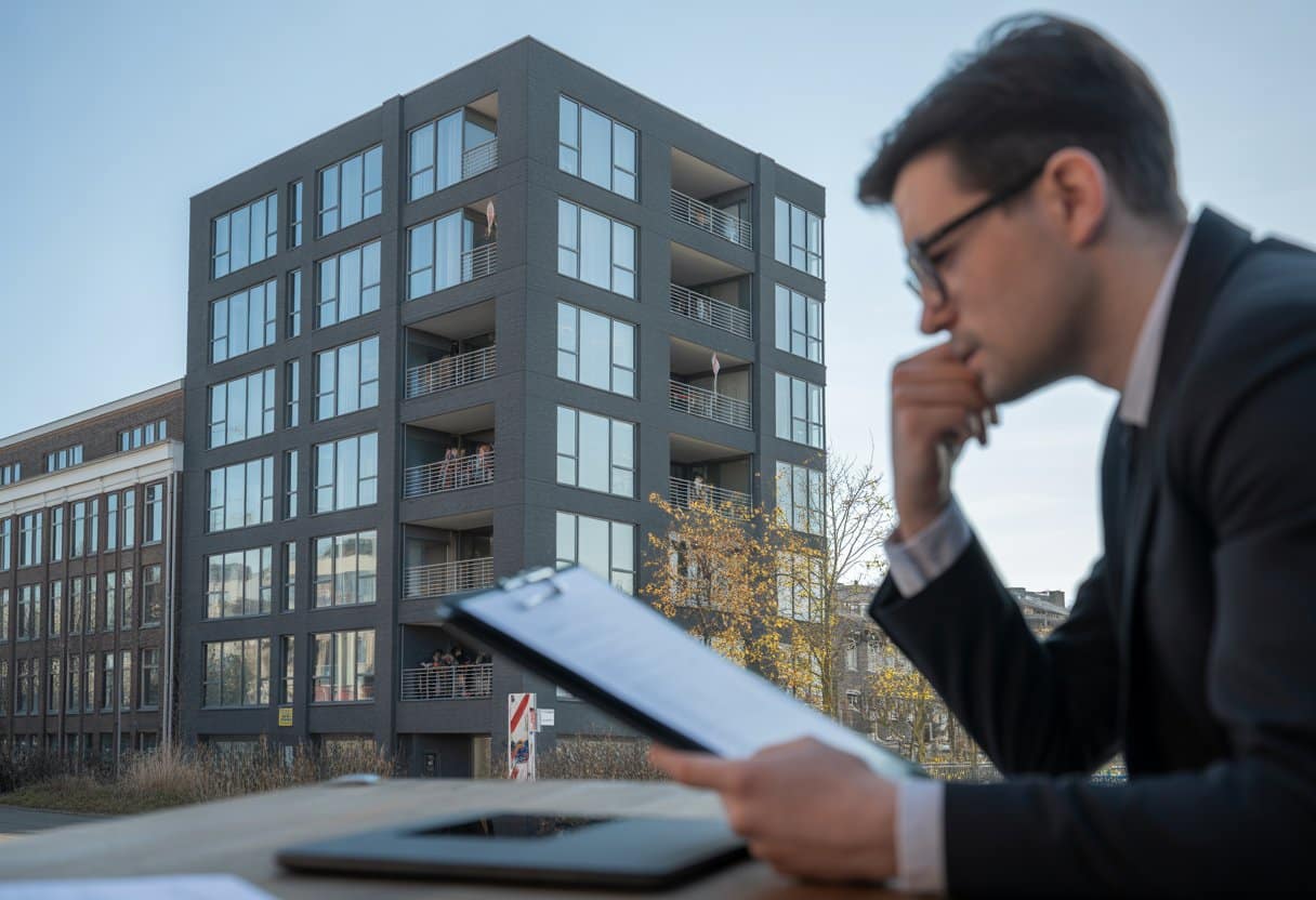 Een moderne stedelijke gebouw met tekenen van onbevoegde bewoning, en een advocaat die juridische documenten bekijkt.