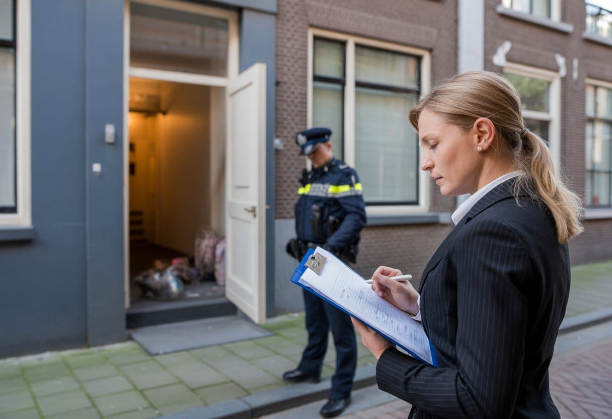 Een straat in Nederland met een gebouw waar mogelijk gekraakt wordt, een advocaat bekijkt documenten en een politieagent staat erbij.