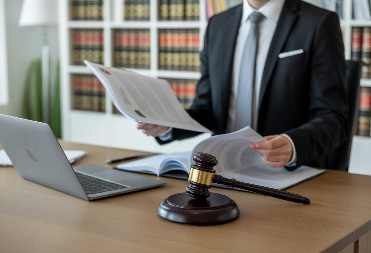 Een zakelijke professional bekijkt juridische documenten aan een bureau in een moderne kantooromgeving met boeken en een hamer op de achtergrond.