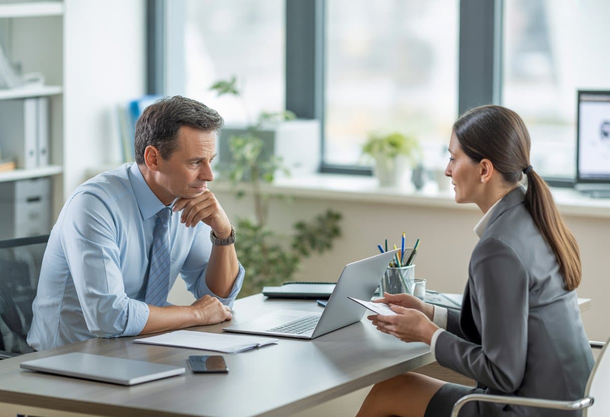 Een werknemer en een HR-medewerker zitten samen aan een bureau in een kantoor en bespreken werkmogelijkheden.