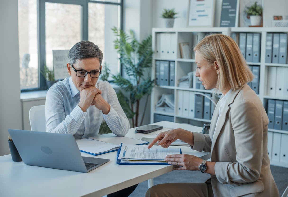 Een werknemer en een HR-medewerker bespreken samen geschikte werkopties in een modern kantoor.