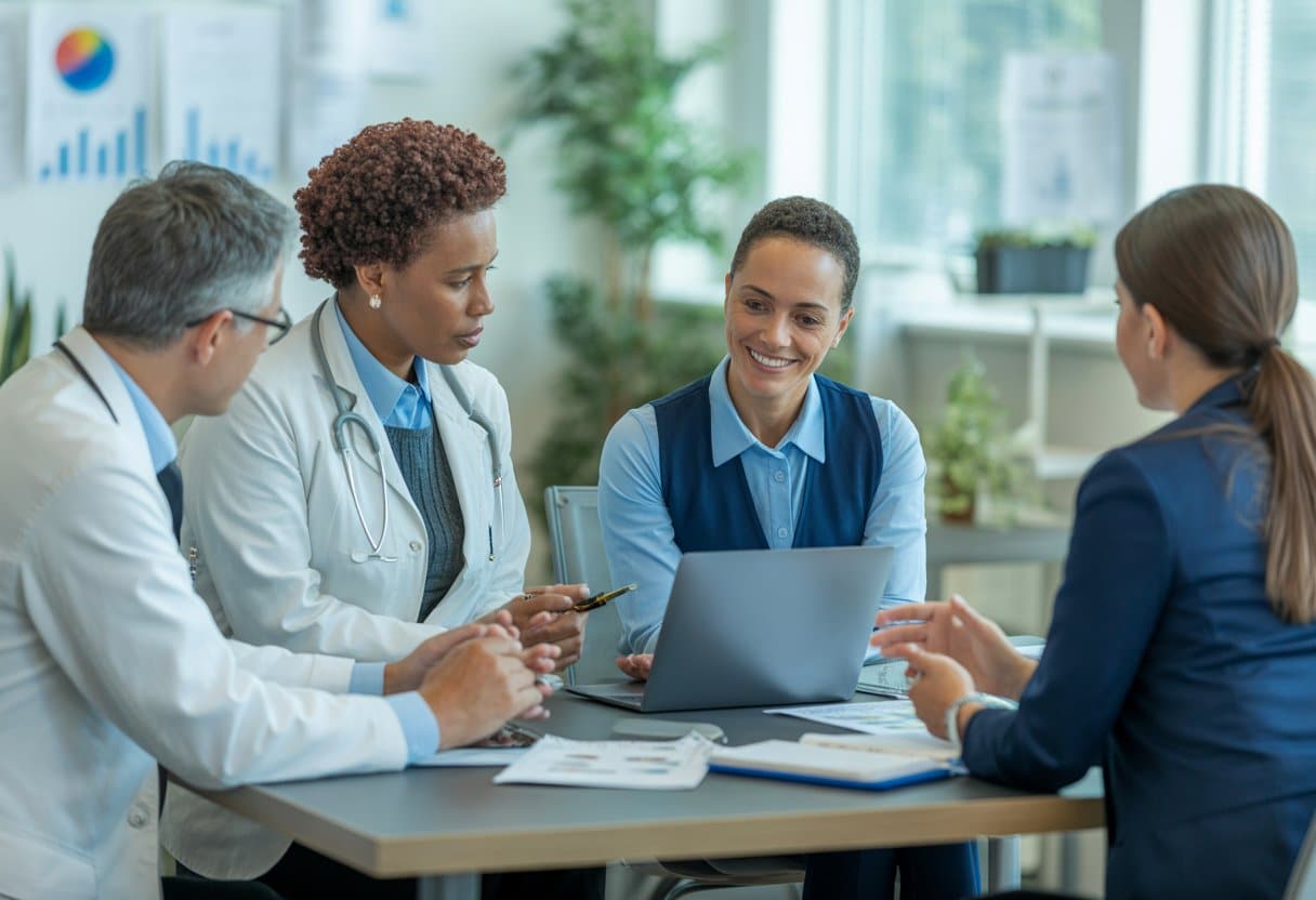 Een groep professionals bespreekt samen met een herstellende werknemer geschikte werkzaamheden in een kantooromgeving.