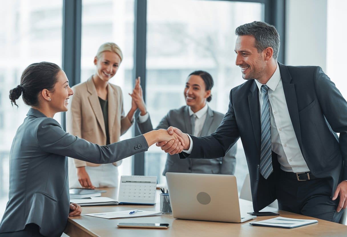 Twee zakelijke professionals schudden elkaar de hand in een moderne vergaderruimte, omringd door collega's die positief toekijken.